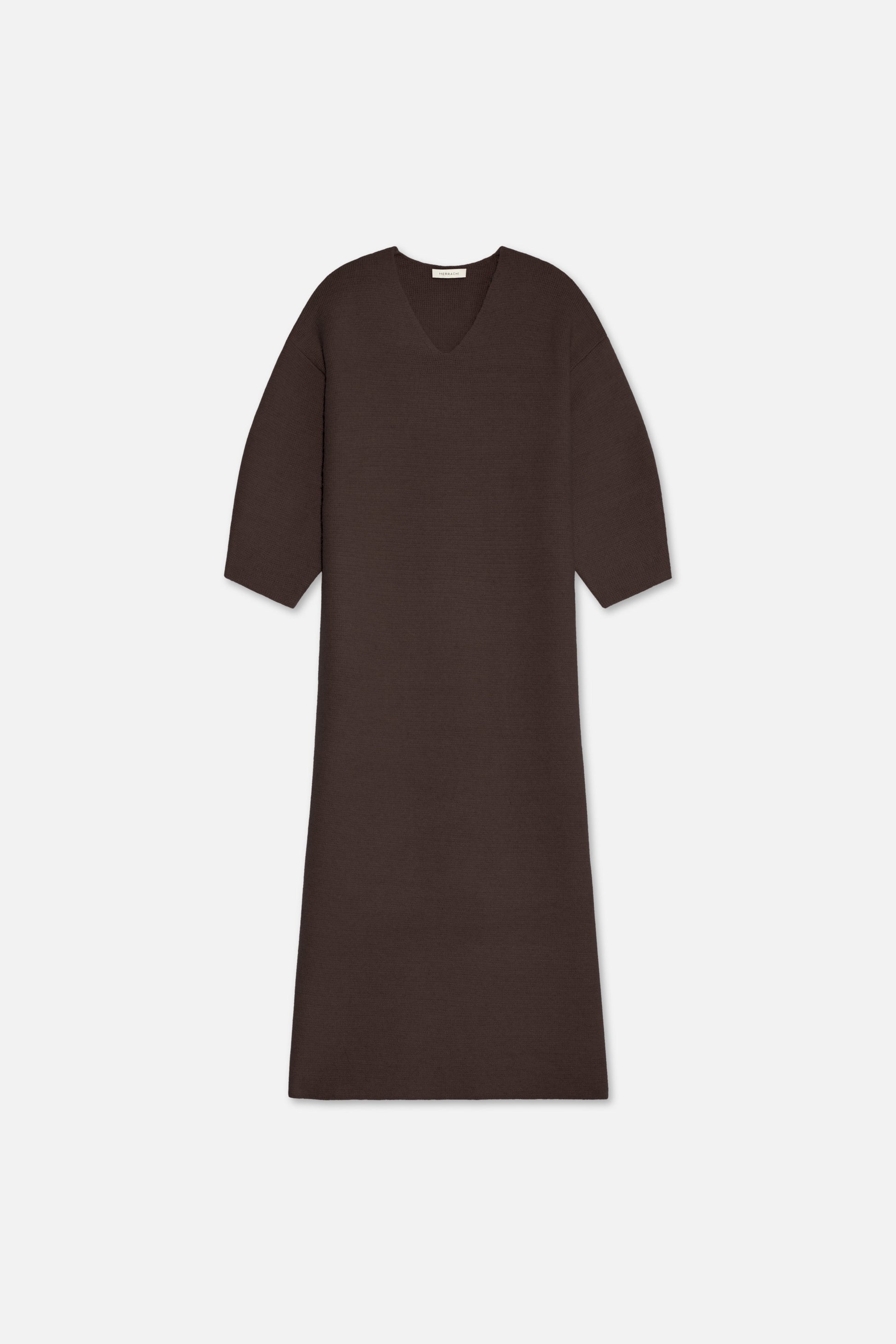 Robe à col en V en tricot brossé | Marron foncé