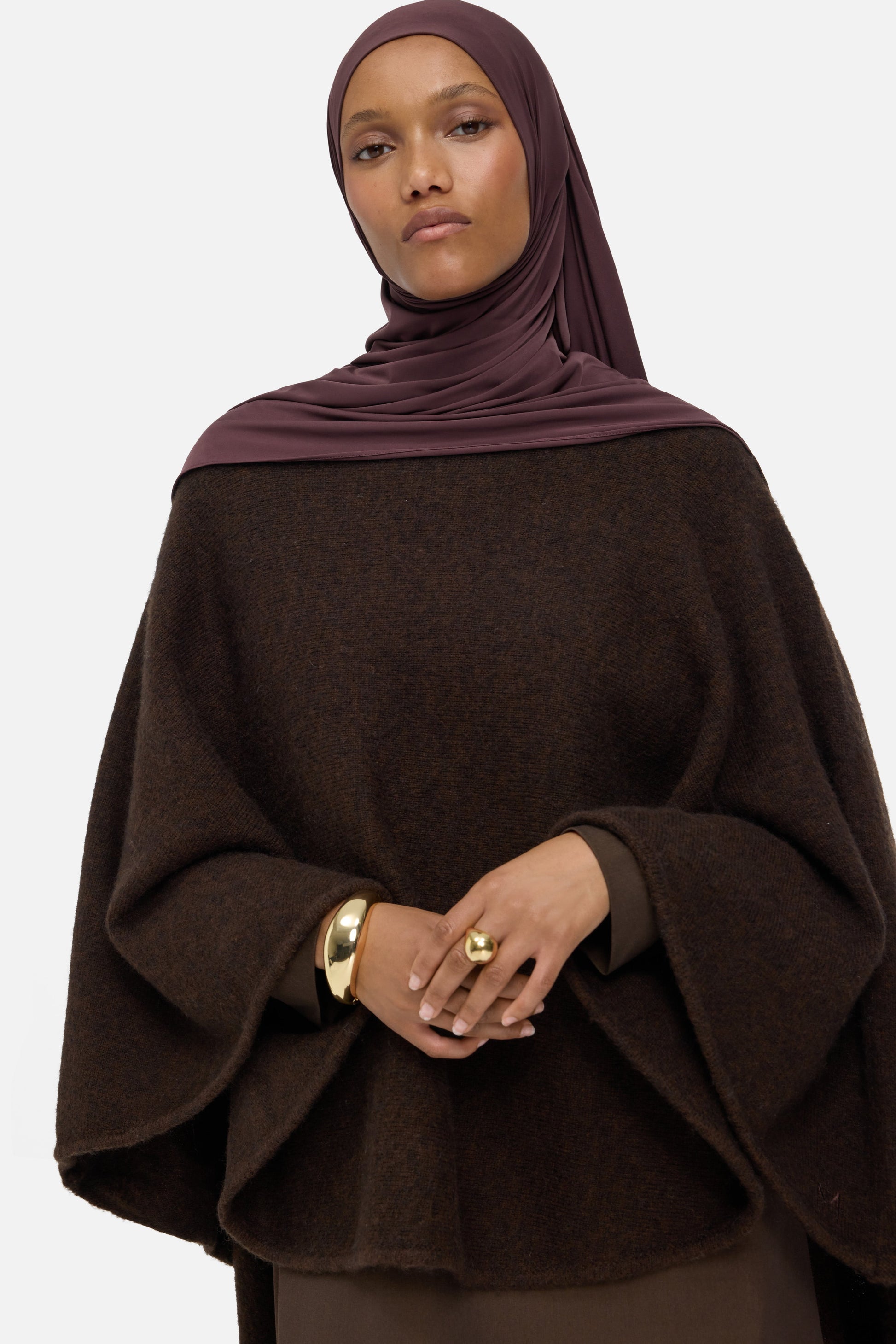 Poncho en tricot brossé | Marron foncé