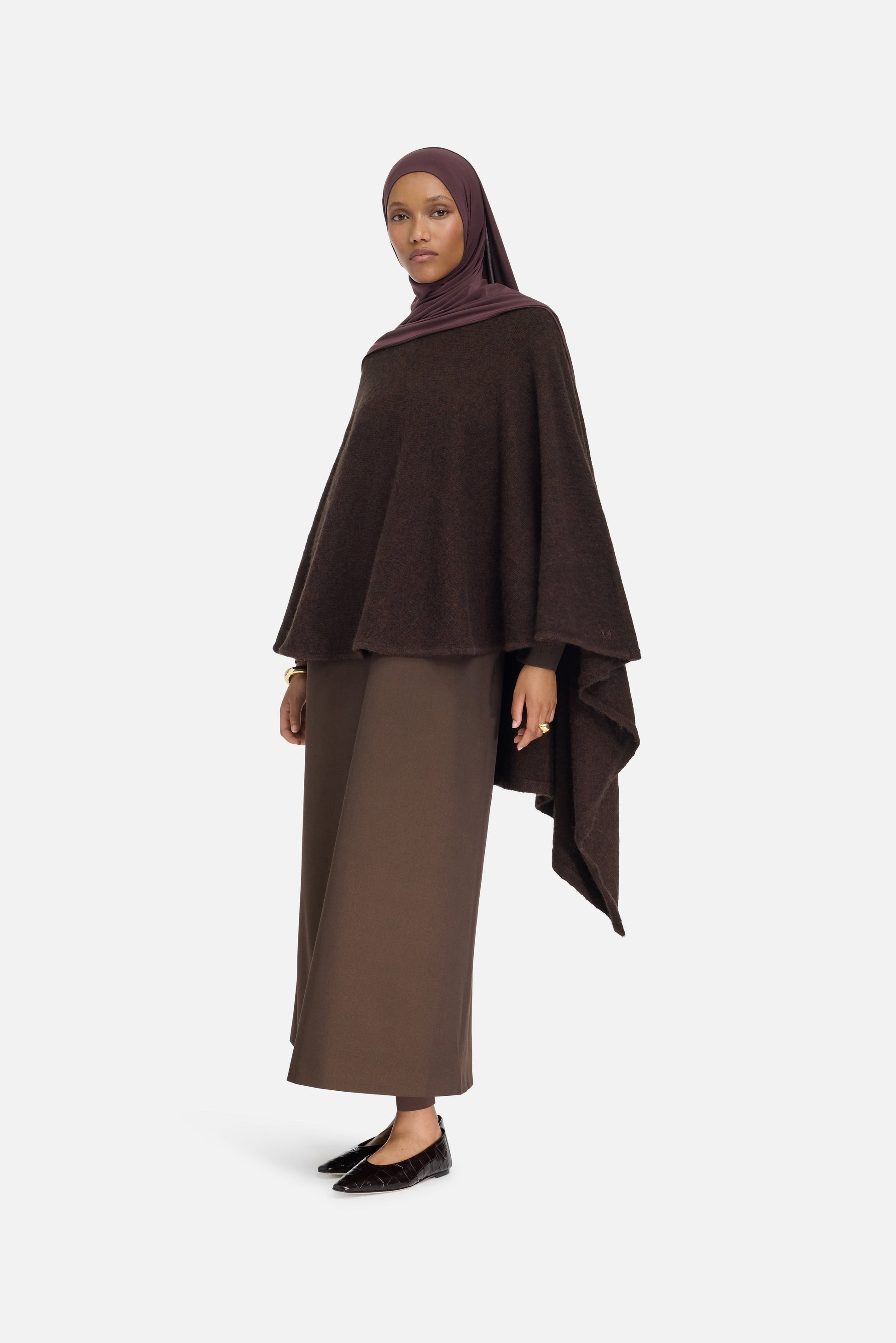 Poncho en tricot brossé | Marron foncé