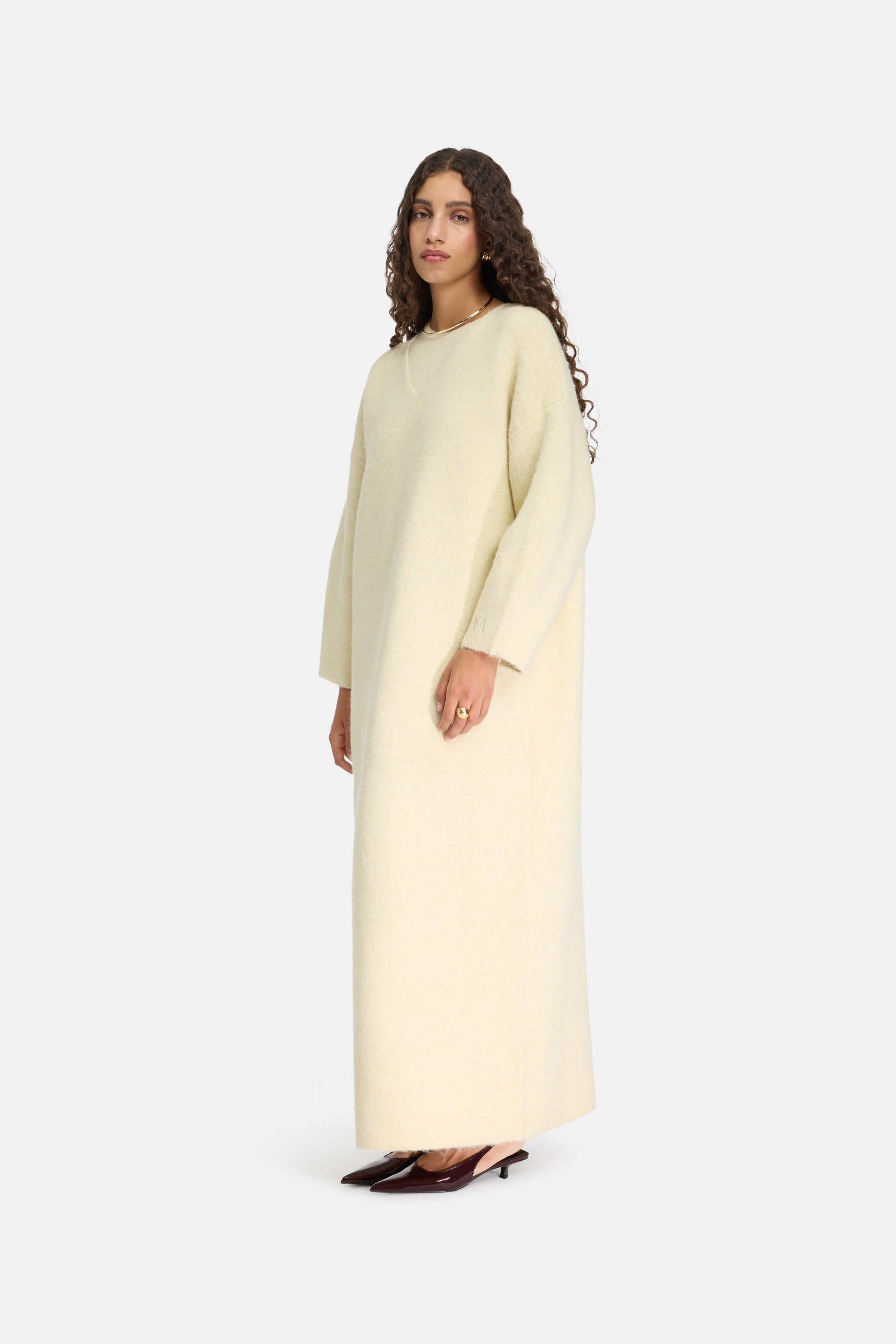Robe à col en V en tricot brossé | Nuage Blanc