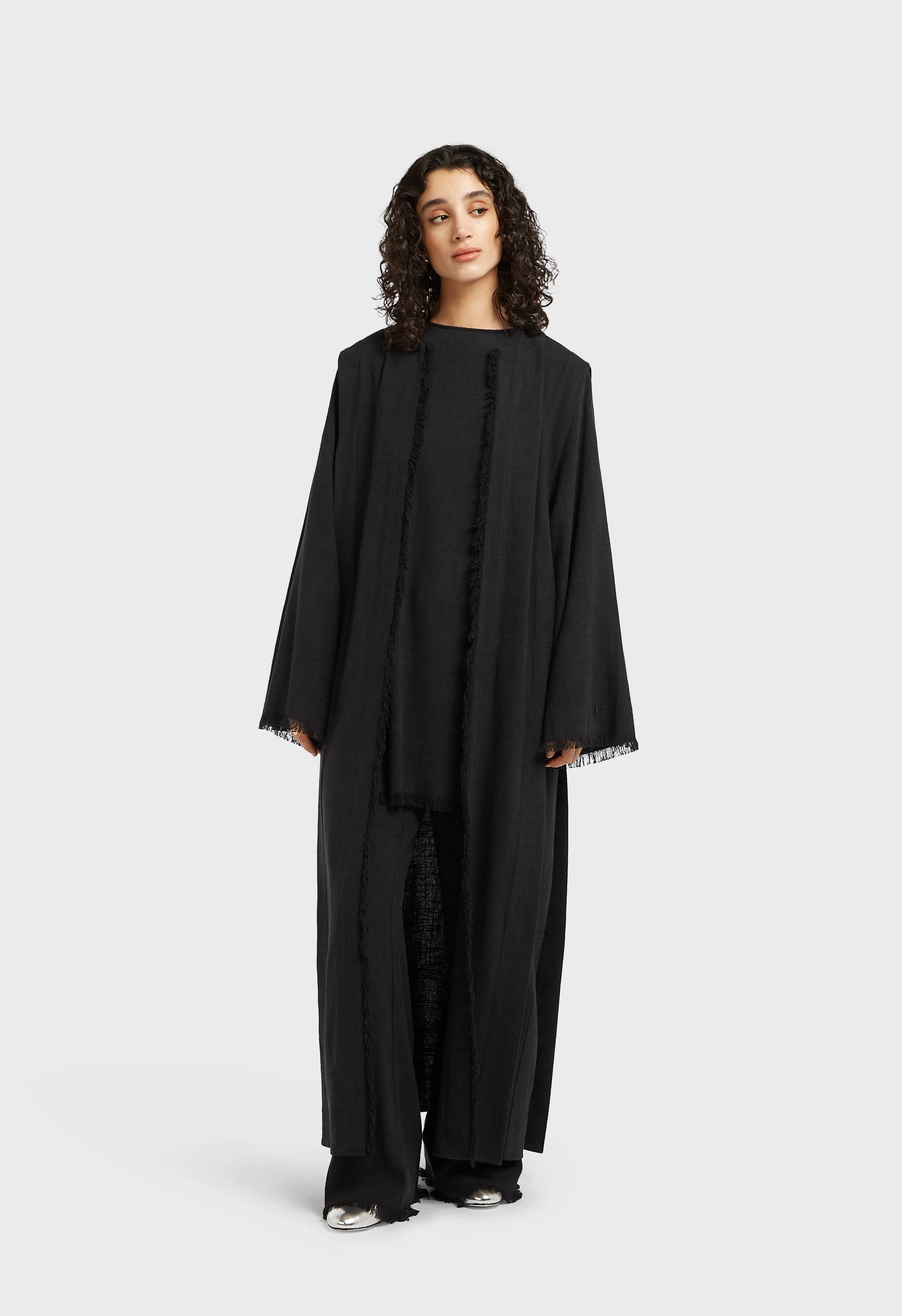 Abaya en lin à ourlet effiloché | Noir