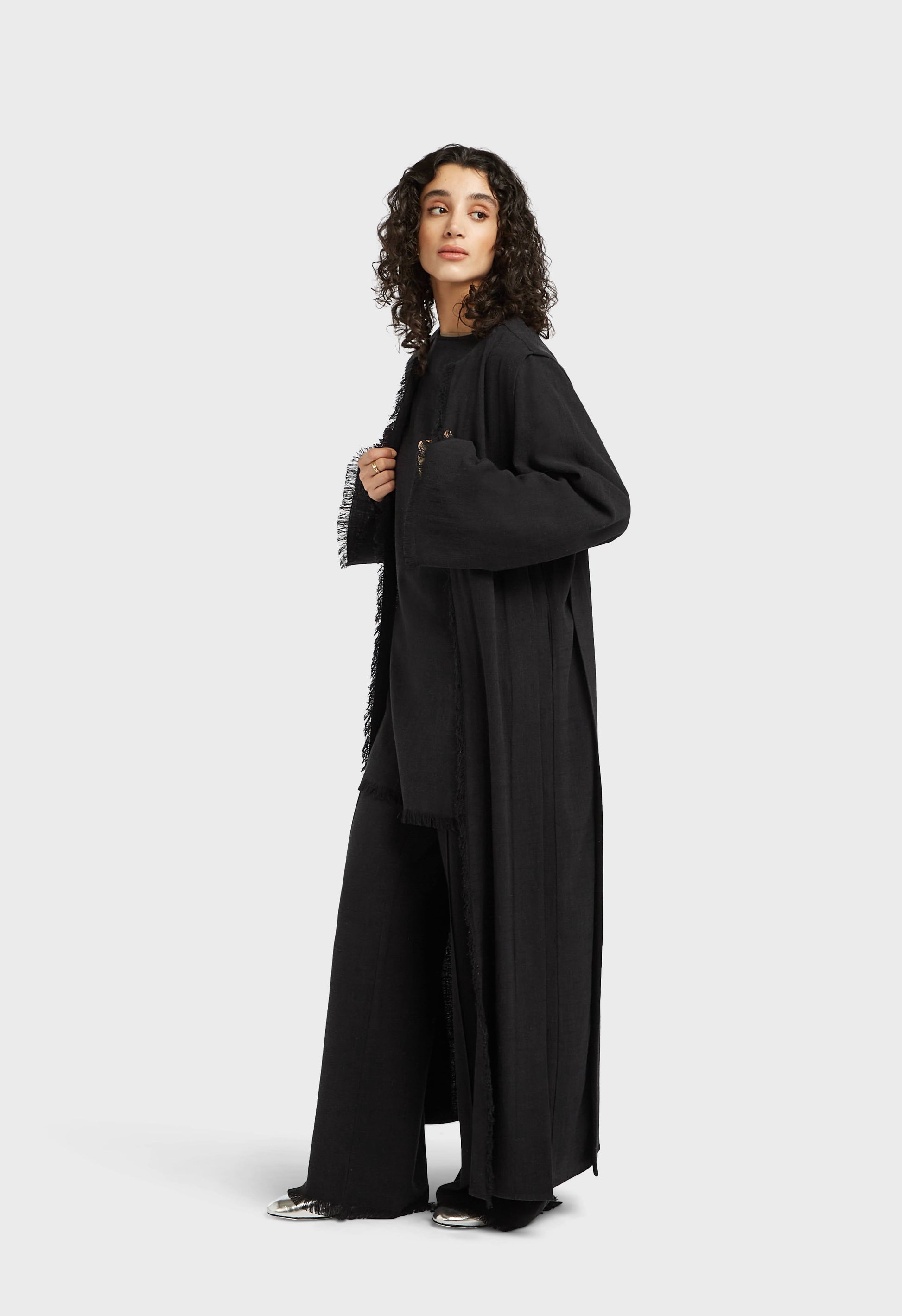 Abaya en lin à ourlet effiloché | Noir