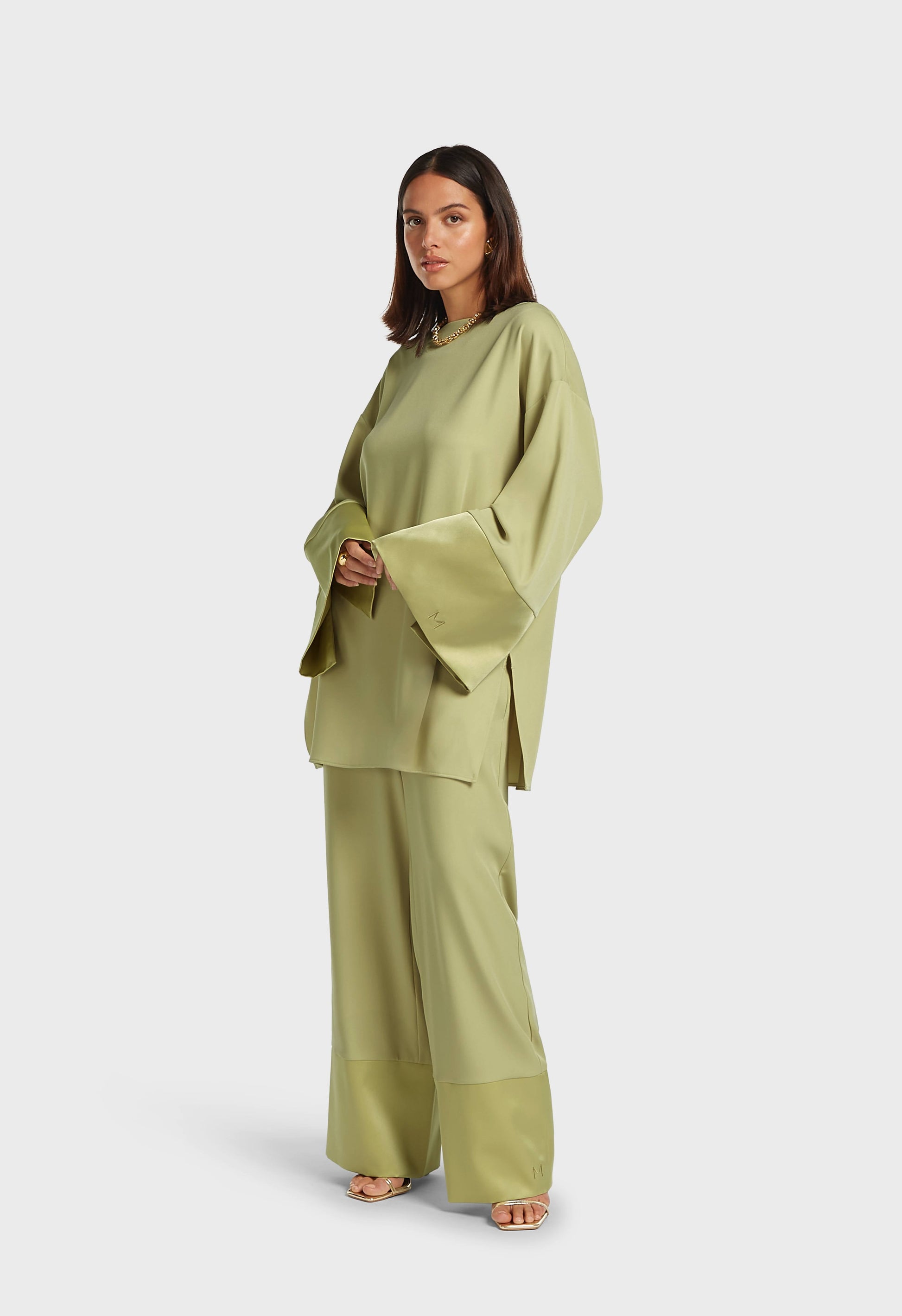 Pantalon à bordure en satin | Kaki doux